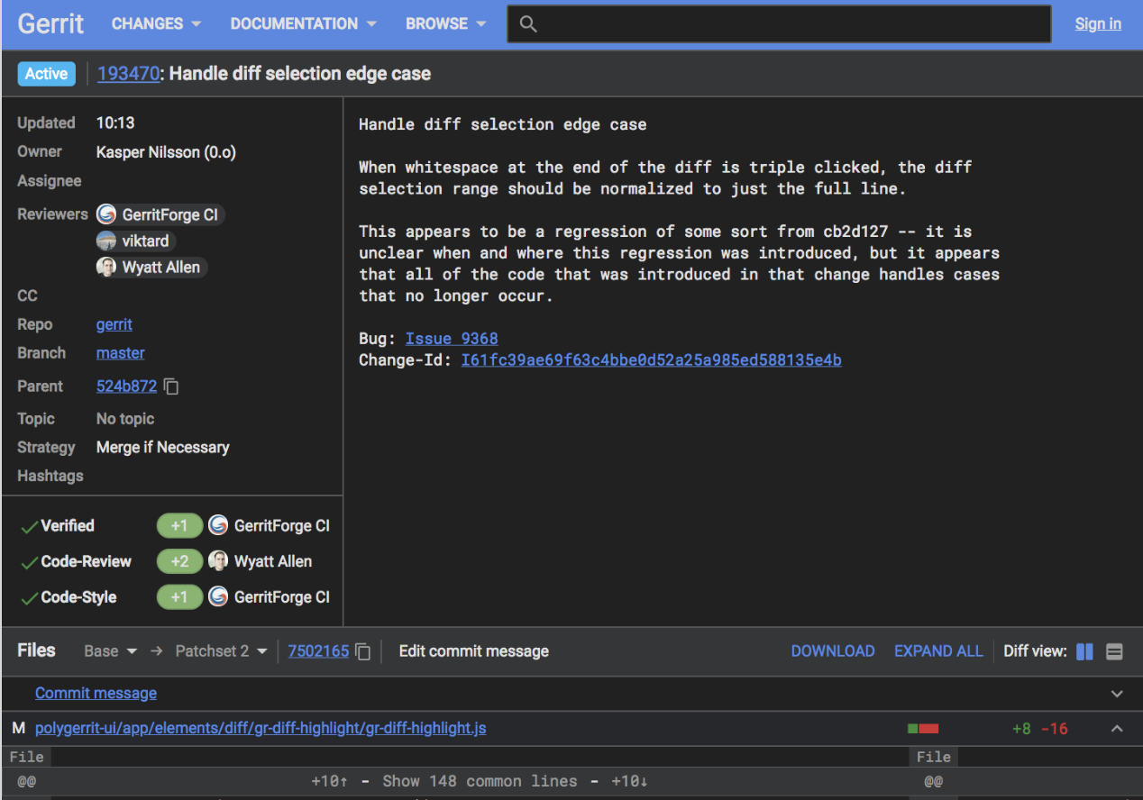 Screenshot of Gerrit Dark Theme feature